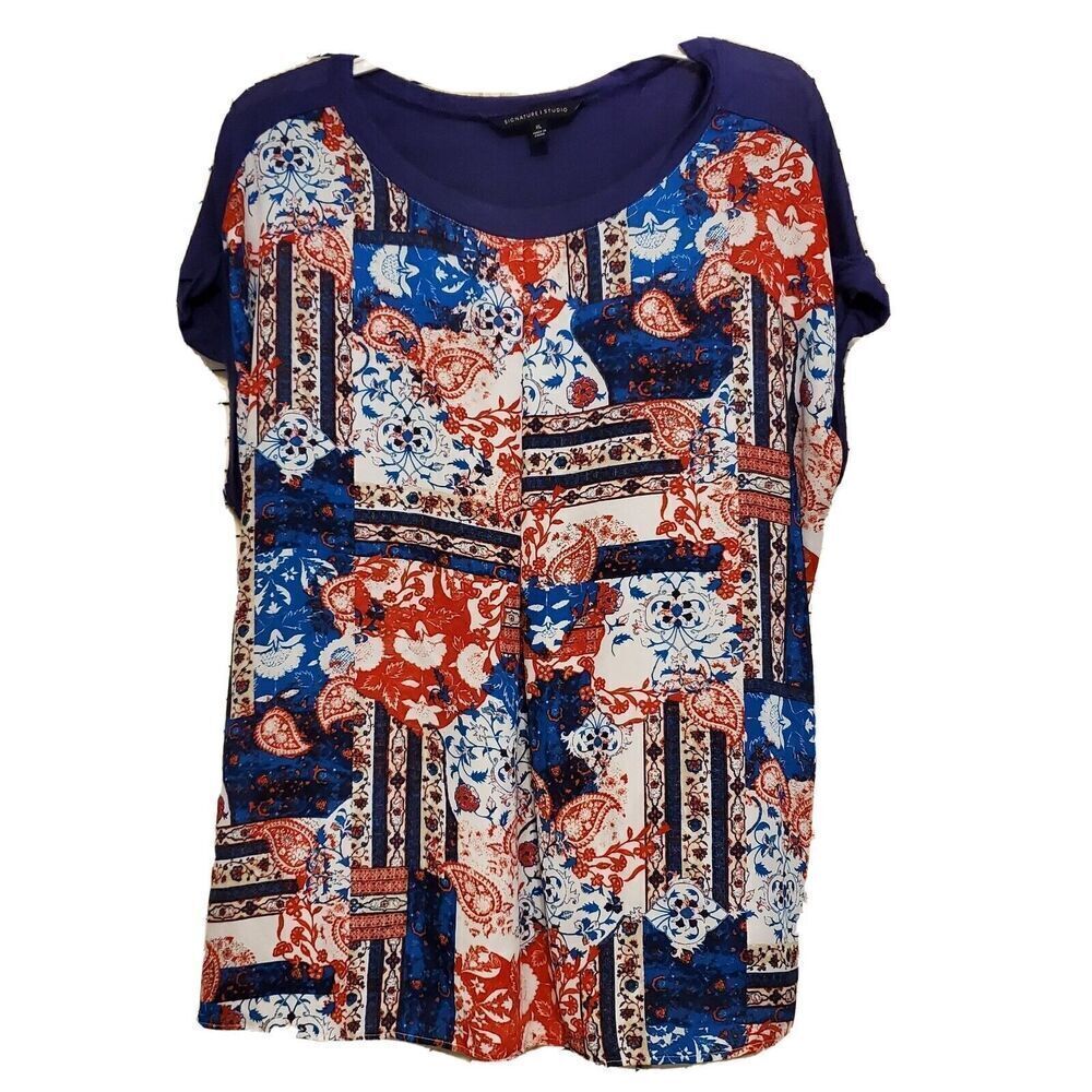 090) Signature Studio Blouse Multicolor XL Purple‎ Paisley Short Sleeve Women